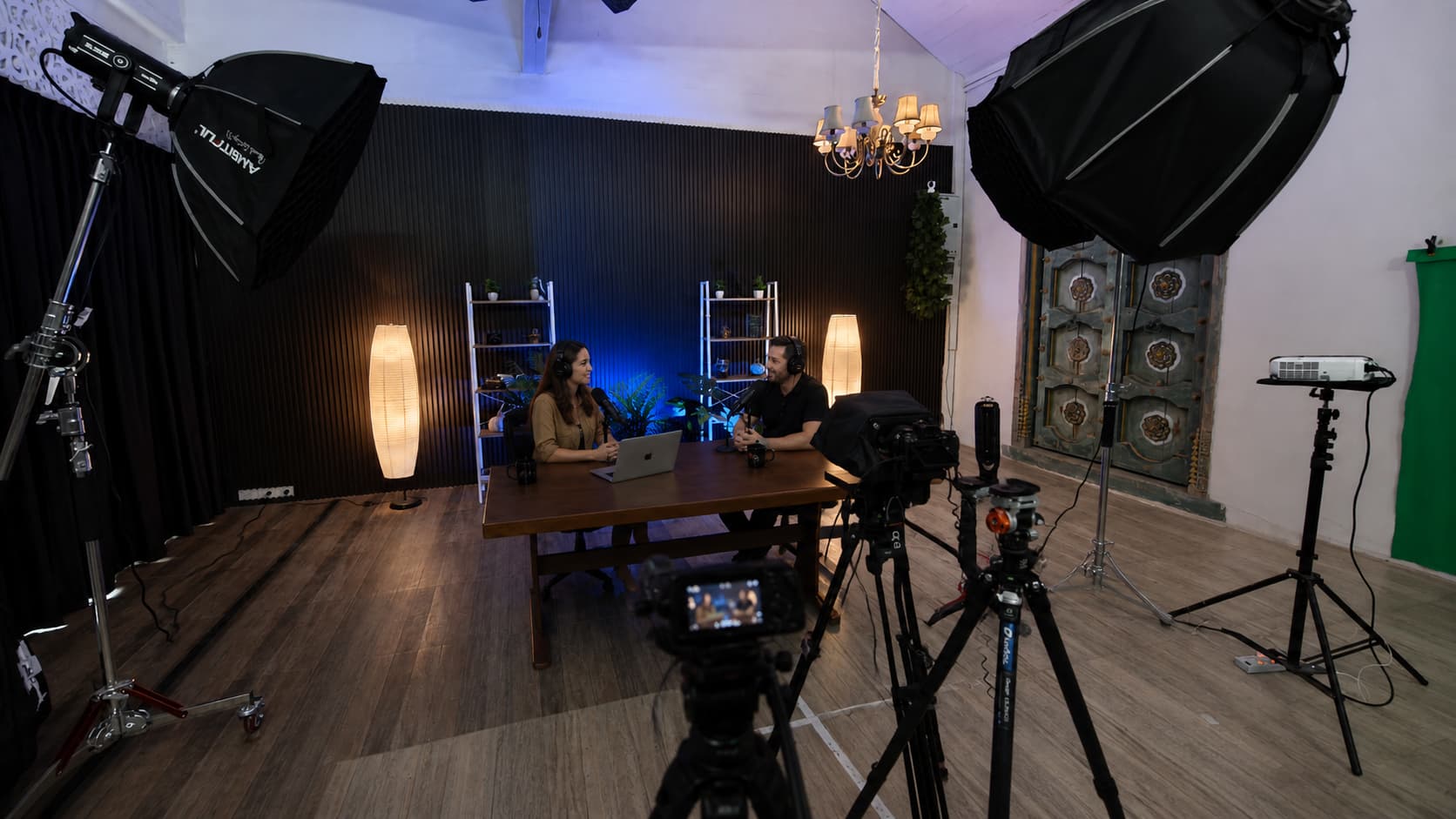 Podcast microphones and studio lighting